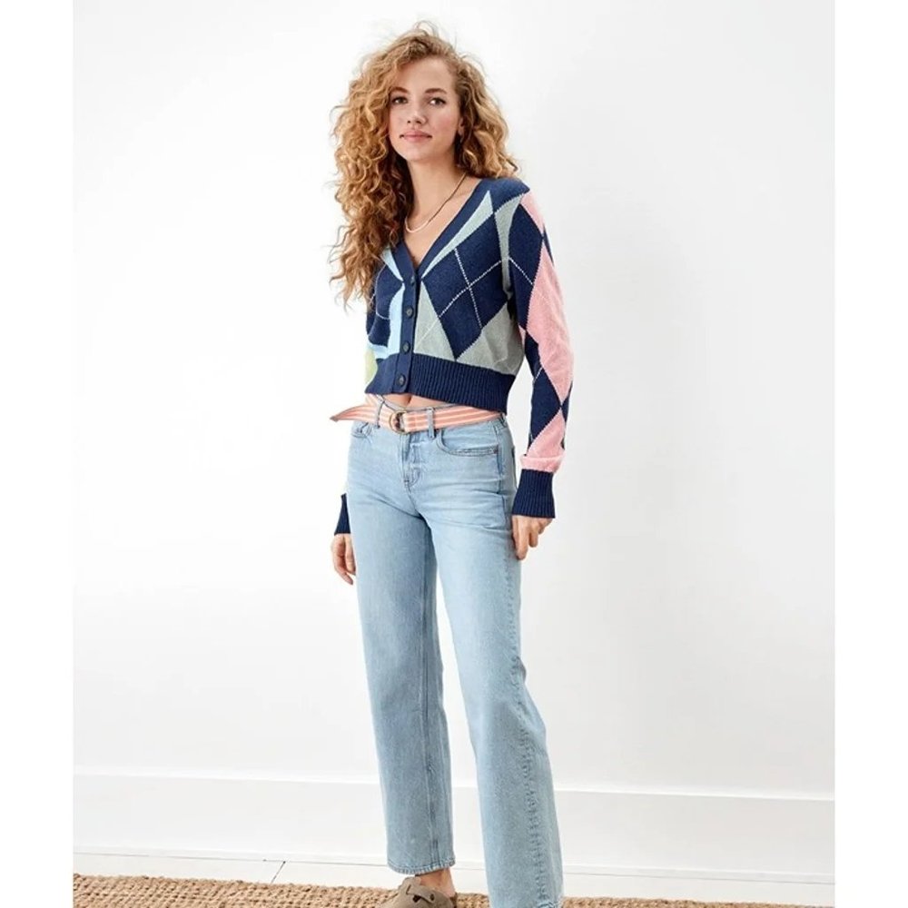 American Eagle Cropped Argyle Cardigan Sweater